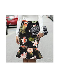 Sexy Black Flower Shape Pattern Decorated Lotus Leaf Fishtail Skirt