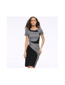 Fashion White+black Grid Pattern Decorated Short Sleeve Package Hip Slim Pencil Dress