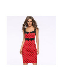 Fashion Red Round Dot Pattern Decorated Sleeveless Package Hip Slim Pencil Dress