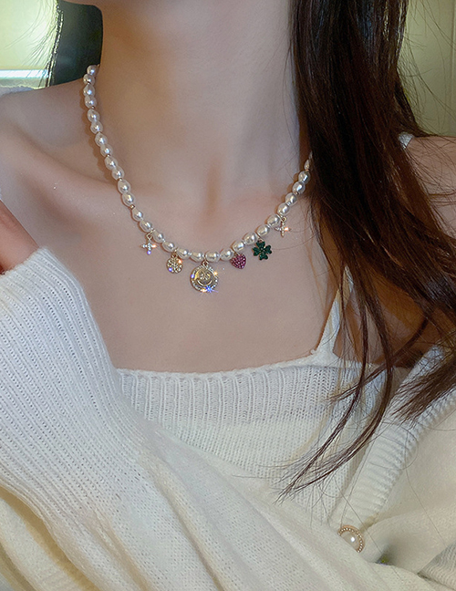 Collar De Corazón Sonriente De Diamantes Con Cuentas De Perlas Geométricas