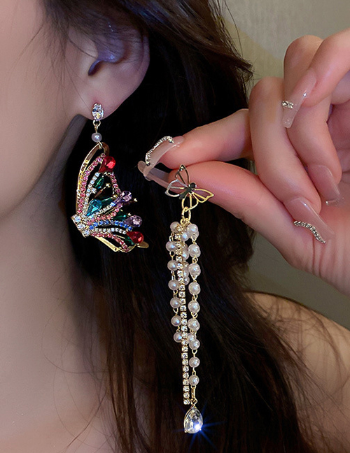Aretes Colgantes Asimétricos Con Perlas De Mariposa Y Diamantes De Aleación