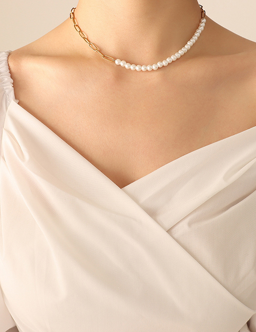 Collar De Cadena Y Cuentas De Perlas Chapadas En Oro De Acero Titanio