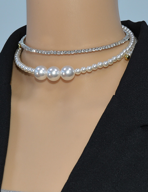Collar Doble Con Cuentas De Perlas Y Cadena De Diamantes Geométricos