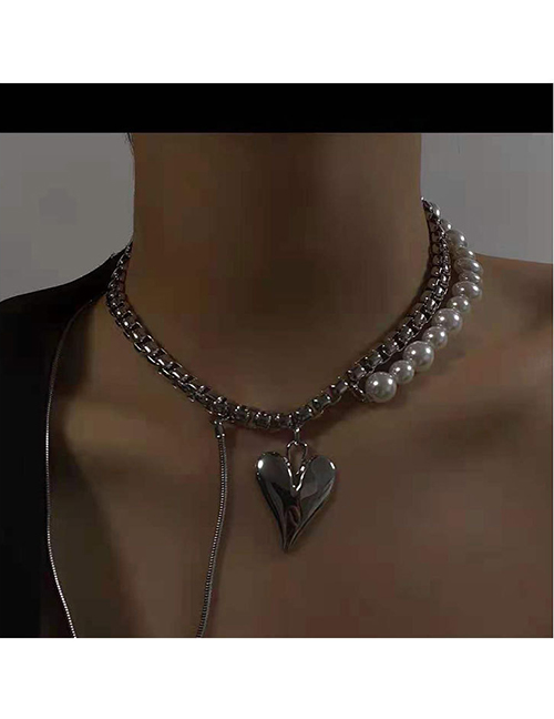 Collar Geométrico Con Cuentas De Perlas De Corazón De Melocotón De Aleación