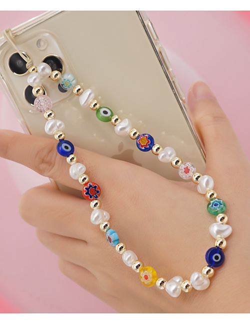 Fashion Qt-k210194a Colored Glass Flat Beads Gold Beads Pearl Beaded Mobile Phone Strap