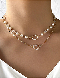 Collar De Amor Hueco De Doble Perla Con Diamantes De Imitación Completos