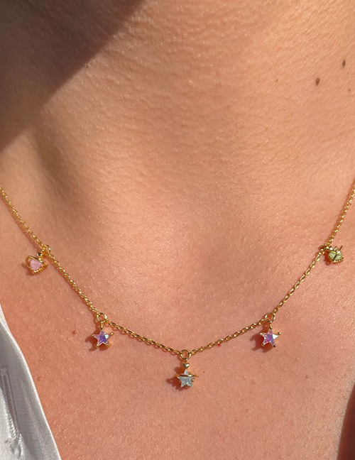Collar De Corazón De Pentagrama De Cobre Bañado En Oro Con Diamantes
