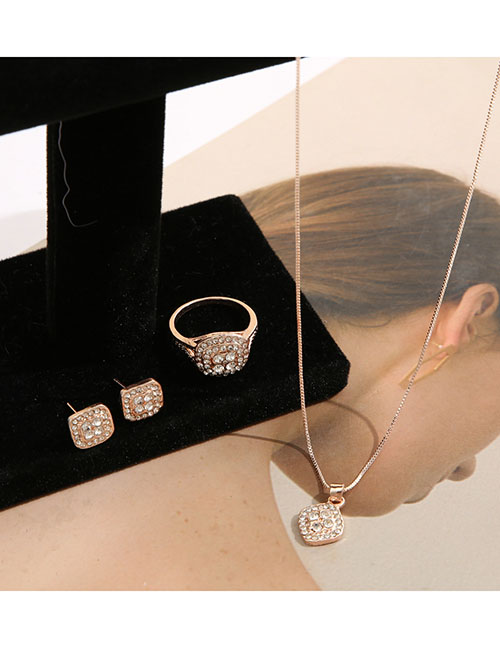 Fashion 8# Copper Inlaid Square Zirconia Necklace Earring Stud Ring Set