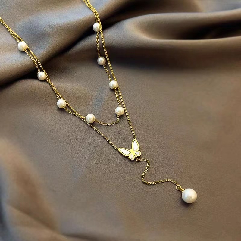 Collar De Doble Capa De Perlas De Mariposa De Concha Blanca Geométrica