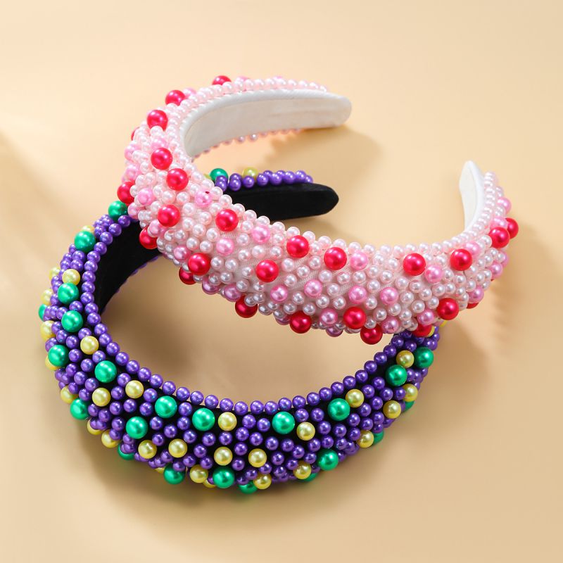Diadema De Ala Ancha Trenzada Con Perlas De Imitación Color Block De Esponja