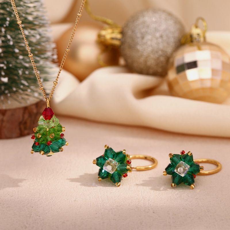 Conjunto De Aretes De Aro Y Aretes Colgantes Con Forma De Árbol De Navidad De Cristal