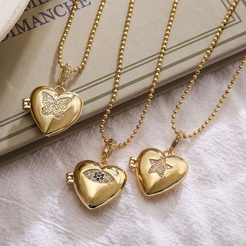 Collar De Corazón De Mariposa De Circonita Con Incrustaciones De Cobre Chapado En Oro