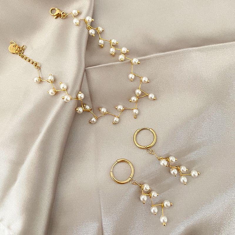 Stainless Steel Woven Pearl Earrings Bracelet Set