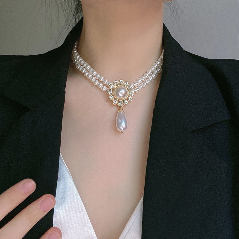 Collar Doble Con Perlas Y Diamantes