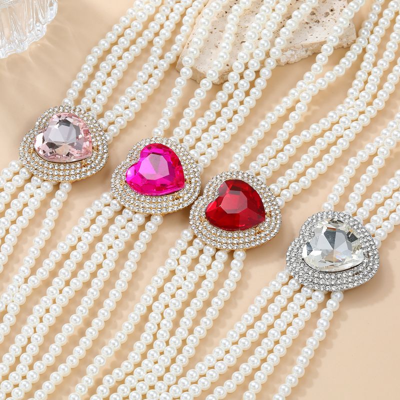 Collar De Amor De Diamantes Con Cuentas De Perlas Multicapa De Aleación