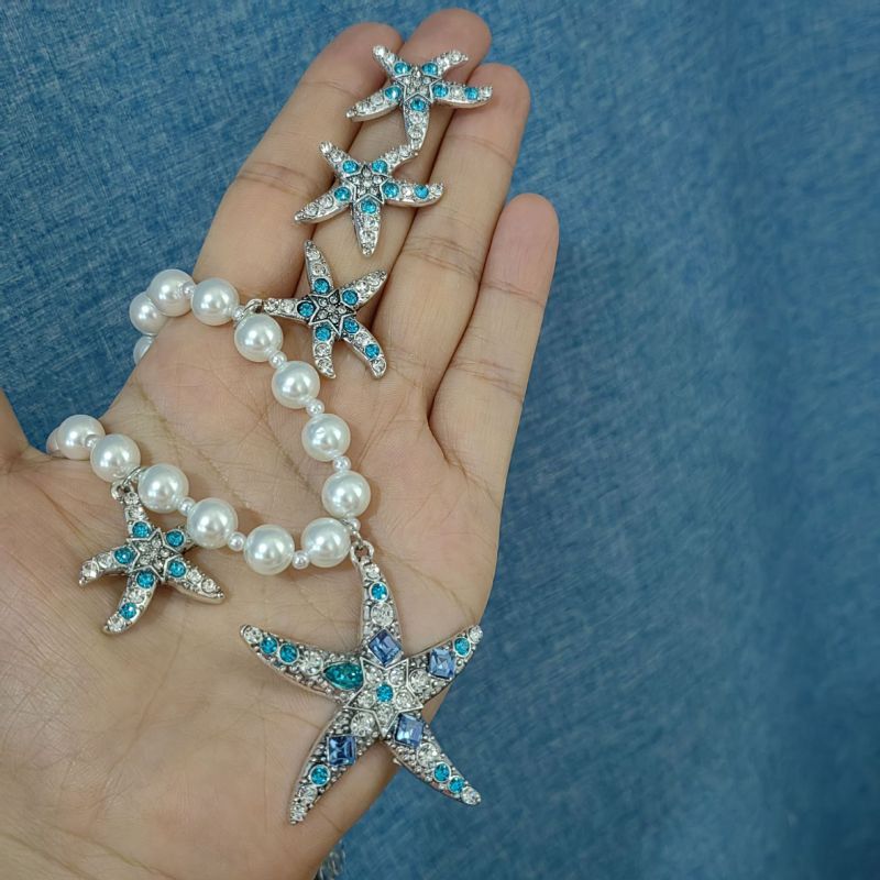 Conjunto De Collar Con Cuentas De Perlas Y Aretes De Estrella De Mar Con Diamantes Tachonados De Cobre