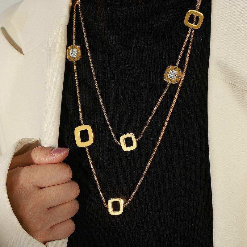 Collar De Doble Capa De Amor Geométrico Chapado En Oro De Acero Titanio