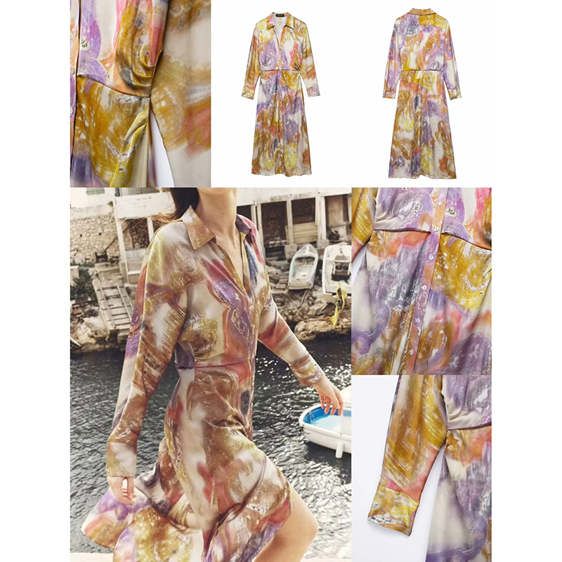 Blended Printed Lapel Maxi Skirt