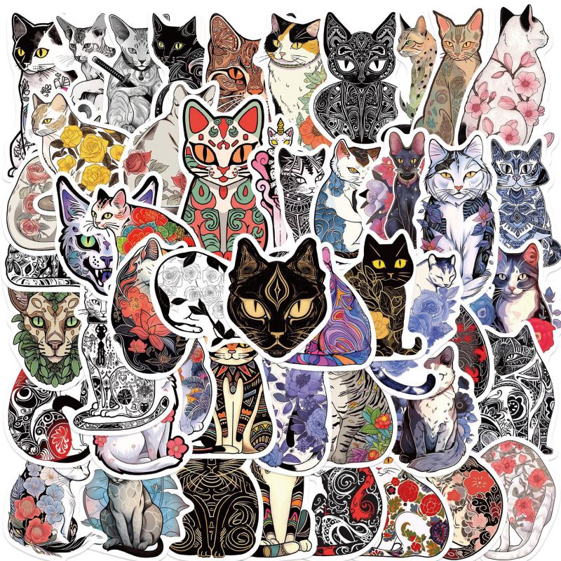 50 Pegatinas Impermeables De Gato Tatuado De Dibujos Animados