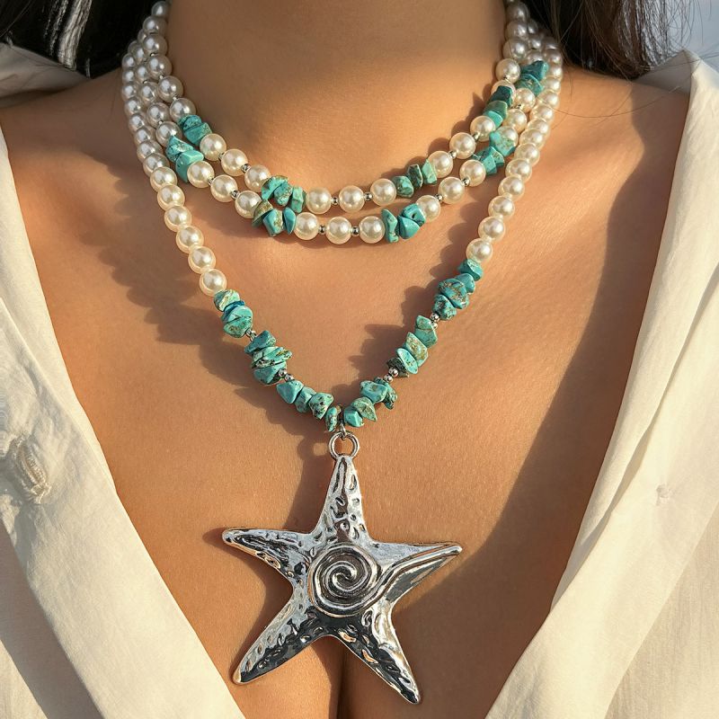Collar De Estrella De Mar Con Cuentas De Color Turquesa Perla