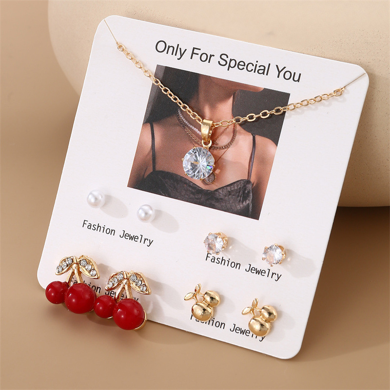 Conjunto De Collar Y Pendientes De Cereza Con Perlas Y Diamantes De Aleación