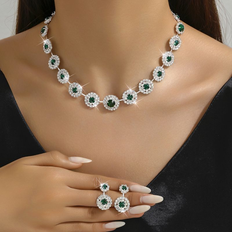 Geometric Diamond Round Necklace And Earrings Set