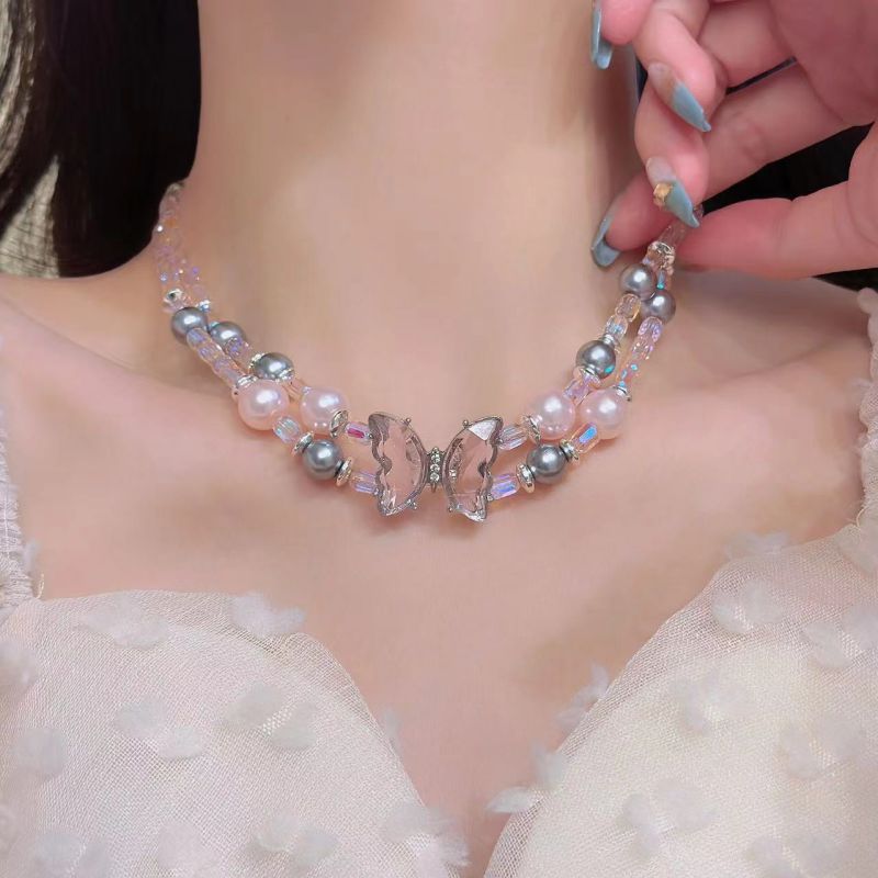 Collar De Mariposa Con Perlas De Cristal Degradado Doble