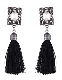 Bohemia Black Square Shape Decorated Tassel Earrings