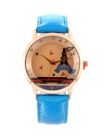 Fashion Blue Tower Pattern Decorated Pure Color Watch