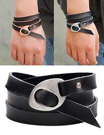 Fashion Black+silver Color Rivet&buckle Decorated Multi-layer Pure Color Bracelet