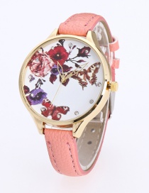 Fashion Pink Butterfly&flower Pattern Decorated Pure Color Watch