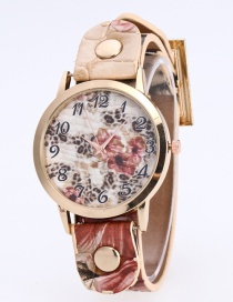 Fashion Khaki Rivet Decorated Printing Flower Pattern Simple Watch