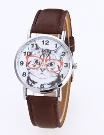 Fashion Brown Cat Pattern Decorated Round Dail Pure Color Watch