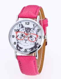 Fashion Plum Red Cat Pattern Decorated Round Dail Pure Color Watch