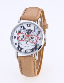 Fashion Khaki Cat Pattern Decorated Round Dail Pure Color Watch