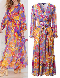 Fashion Orange+purple Flower Pattern Decorated Simple Dress