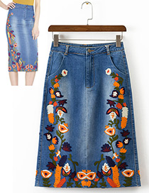 Fashion Blue Flower Pattern Decorated Simple Skirt