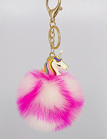 Fashion Plum Red+white Unicorn&fuzzy Ball Decorated Simple Key Chain