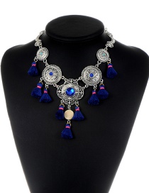 Vintage Blue Metal Round Shape Decorated Tassel Necklace