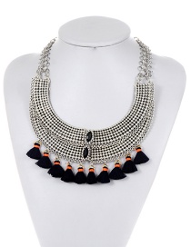 Retro Silver Color Hollow Out Decorated Tassel Double Layer Necklace