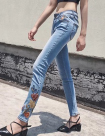 Vintage Light Blue Embroidery Flower Decorated Jeans