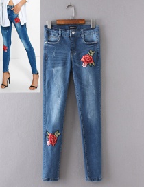 Fashion Blue Flower Pattern Decorated Jeans