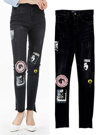 Fashion Black Cartoon Pattern Decorated Simple Jeans