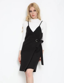 Trendy Black V Neckline Design Pure Color Irregular Shape Dress