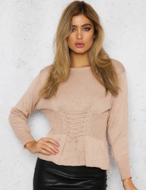 Trendy Khaki Round Neckline Design Pure Color Sweater