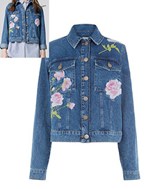 Fashion Blue Embroidery Flower Decorated Long Sleeves Coat