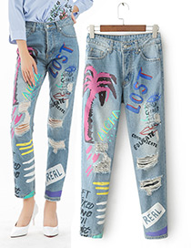 Fashion Blue Cartoon Pattern Decorated Holes Jeans