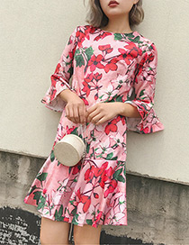 Trendy Pink Flower Pattern Decorated Three-quarter Sleeves Dress