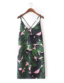Trendy Green Palm Leaves Pattern Decorated Suspender Dress