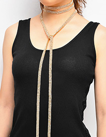 Elegant Gold Color Full Diamond Decorated Long Tassel Design Necklace